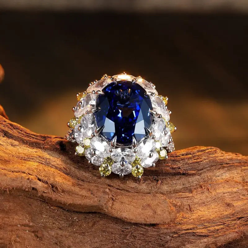 Ornate ring featuring a deep blue gemstone surrounded by smaller white stones.