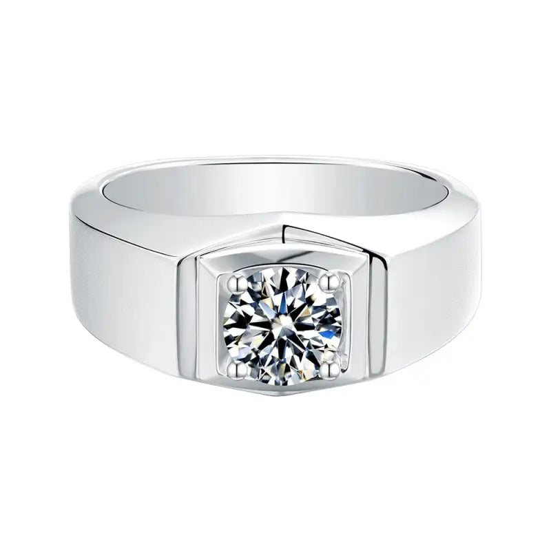 Silver ring with a prominent round diamond in a square setting.