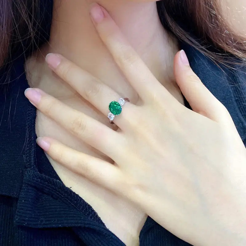 Oval Cut Lab Emerald Three-Stone Engagement Ring - Engagement Ring