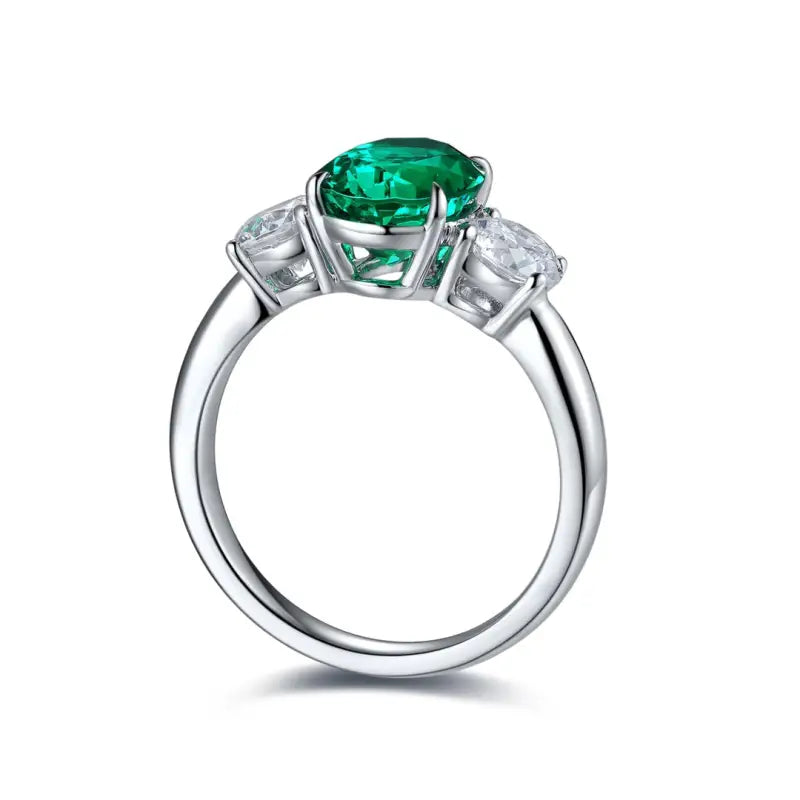 Oval Cut Lab Emerald Three-Stone Engagement Ring - Engagement Ring