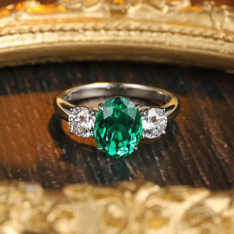 Oval Cut Lab Emerald Three-Stone Engagement Ring - Engagement Ring