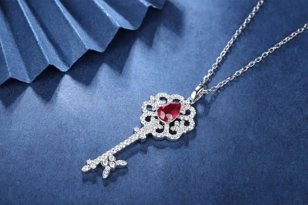 Pear Cut Lab Ruby Pave Key Pendant Necklace - Necklace & Pendant