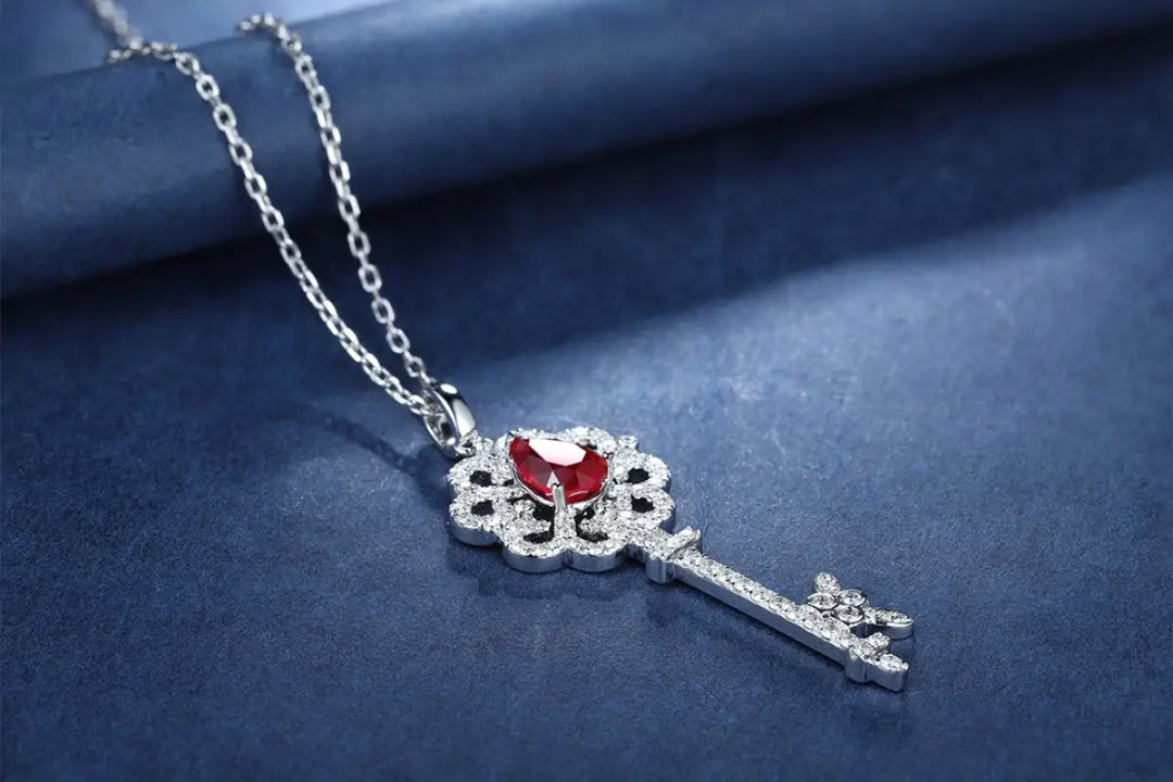 Pear Cut Lab Ruby Pave Key Pendant Necklace - Necklace & Pendant