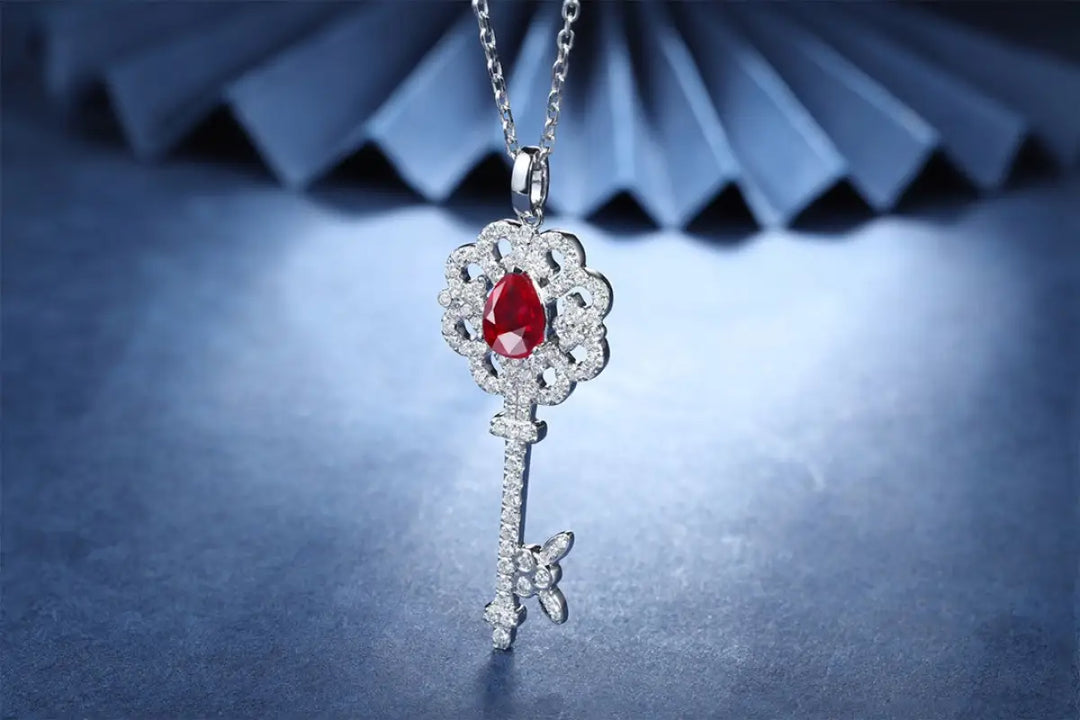 Pear Cut Lab Ruby Pave Key Pendant Necklace - Necklace & Pendant