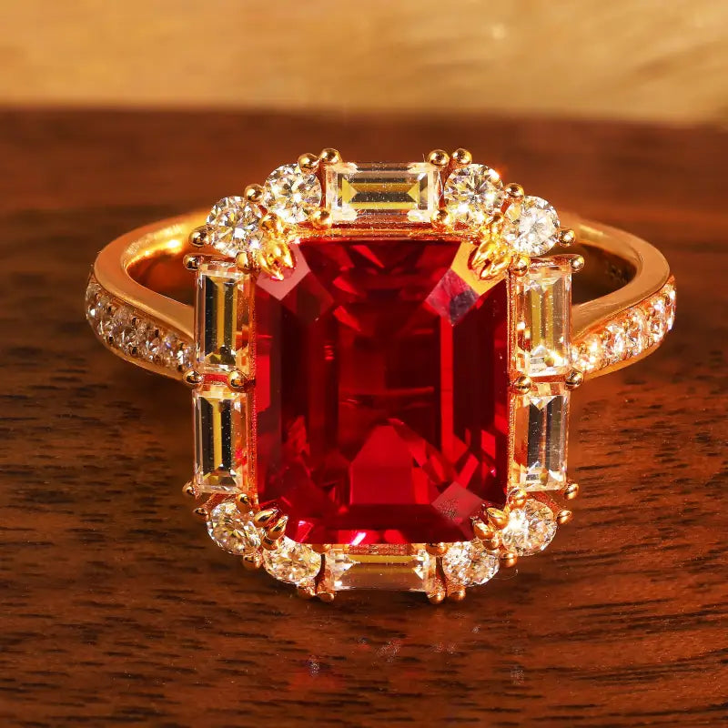 Ornate gold ring featuring a prominent square-cut ruby surrounded by diamonds.