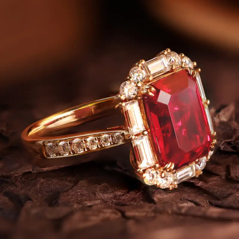 Ornate gold ring featuring a prominent square-cut ruby surrounded by diamonds.