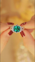 Load and play video in Gallery viewer, Elegant bezel 3.5 Ct Cushion Cut Lab Emerald Engagement Ring
