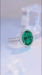 Load and play video in Gallery viewer, 2.5 Ct Oval Shape Lab Emerald Half Pave Halo Engagement Ring
