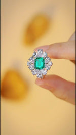 Load and play video in Gallery viewer, Flower Cluster 4 Ct Lab Emerald Engagement Ring
