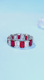 Load and play video in Gallery viewer, Emerald Cut Pigeon Blood Lab Ruby Alternating Eternity Band
