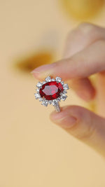 Load and play video in Gallery viewer, Luxury 7.56 Ct Lab Ruby Cluster Half Pave Engagement Ring
