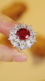 Load and play video in Gallery viewer, 6.5 Ct Oval Cut Lab Ruby Art Deco Inspired Engagement Ring
