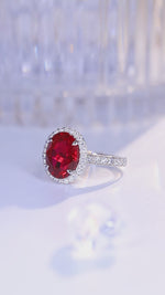 Load and play video in Gallery viewer, 2.5 Ct Oval Shape Lab Ruby Half Pave Halo Engagement Ring
