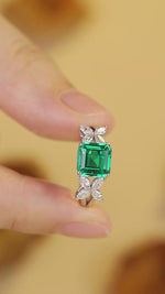 Load and play video in Gallery viewer, 2.09 Ct Asscher Cut Lab Emerald Snowflake Three-Stone Engagement Ring
