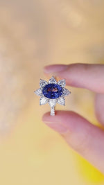 Load and play video in Gallery viewer, Sunny Heart Halo 4 Ct Lab Blue Sapphire Engagement Ring
