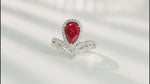 Load and play video in Gallery viewer, Split Shank Crown 2.7 Ct Pear Lab Ruby Half Pave Halo Engagement Ring
