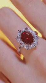 Load and play video in Gallery viewer, Big Oval Halo 3 Ct Oval Cut Lab Ruby Engagement Ring
