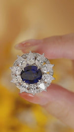 Load and play video in Gallery viewer, 6.5 Ct Oval Cut Lab Blue Sapphire Art Deco Inspired Engagement Ring
