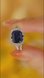 Load and play video in Gallery viewer, Elegant bezel 4 Ct Cushion Cut Lab Blue Sapphire Engagement Ring
