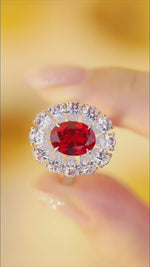 Load and play video in Gallery viewer, Big Pear Halo 3.5 Ct Oval Cut Lab Ruby Engagement Ring
