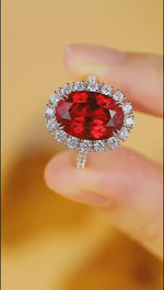 Load and play video in Gallery viewer, 8.5 Ct Oval Cut Lab Ruby Halo Engagement Ring
