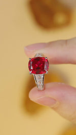 Load and play video in Gallery viewer, 5.3 Ct Cushion Shape Lab Ruby Four Prongs Half Graduating Channel Engagement Ring
