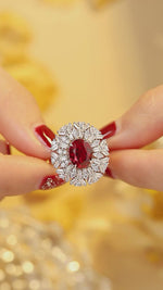 Load and play video in Gallery viewer, 3.66 Ct Oval Cut Lab Ruby Art Deco Inspired Engagement Ring
