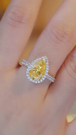 Load and play video in Gallery viewer, 3 Ct Fancy Vivid Yellow Pear Shape Lab Diamond Halo Half Pave Engagement Ring (Setting Price Only)
