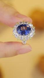 Load and play video in Gallery viewer, Mixed Color Cluster 5.9 Ct Oval Shape Lab Blue Sapphire Engagement Ring
