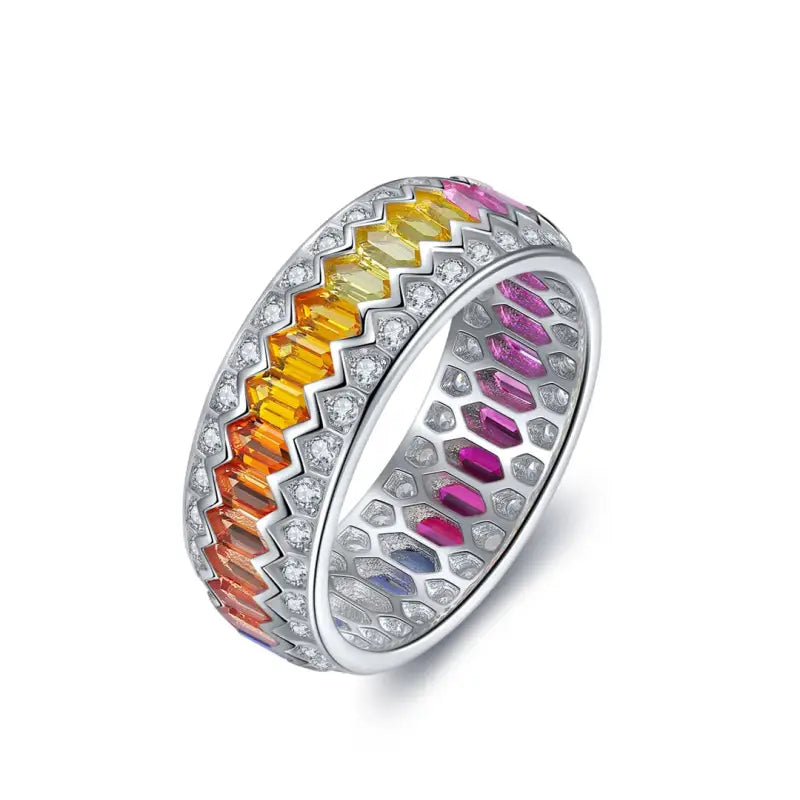 Rainbow Wave Line Elongated Hexagon Lab Sapphire Channel Eternity Band - Wedding Ring