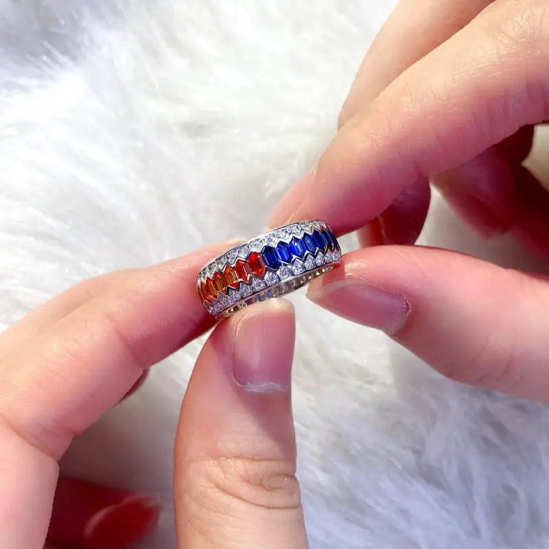 Rainbow Wave Line Elongated Hexagon Lab Sapphire Channel Eternity Band - Wedding Ring