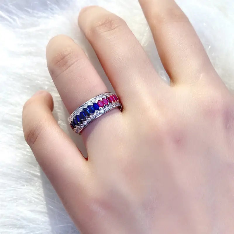 Rainbow Wave Line Elongated Hexagon Lab Sapphire Channel Eternity Band - Wedding Ring