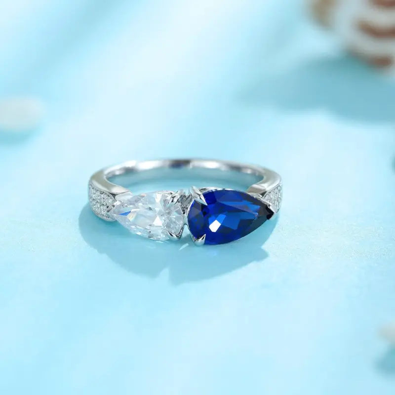 Toi Et Moi Pear Cut Lab Blue Sapphire & Lab Diamond Engagement Ring - Engagement Ring