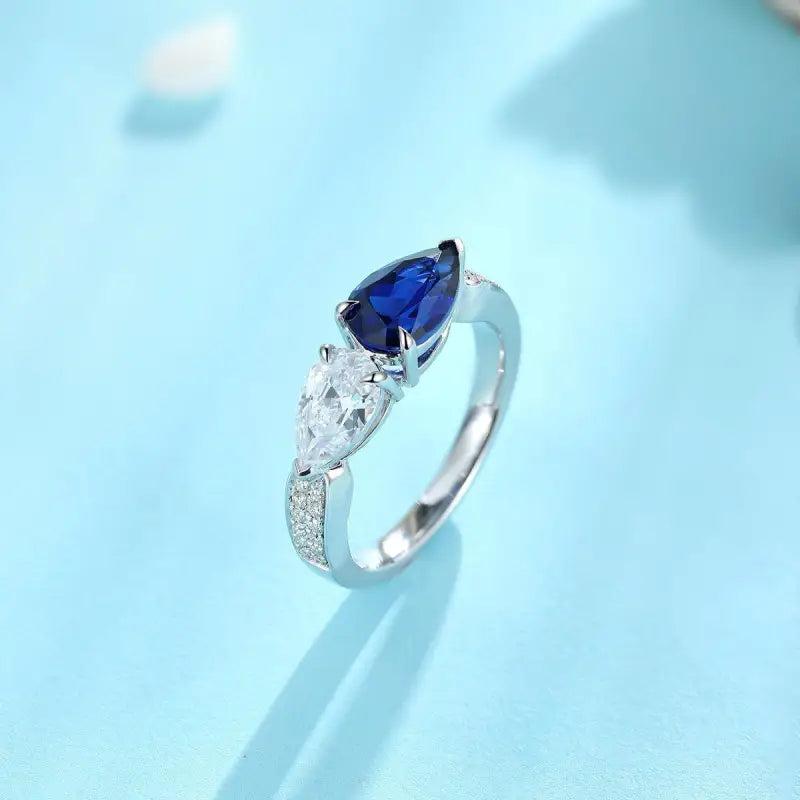 Toi Et Moi Pear Cut Lab Blue Sapphire & Lab Diamond Engagement Ring - Engagement Ring