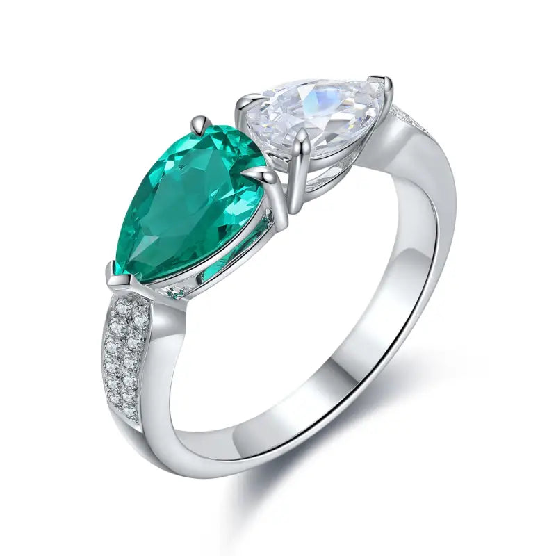 Toi Et Moi Pear Cut Lab Emerald & Lab Diamond Engagement Ring - Engagement Ring