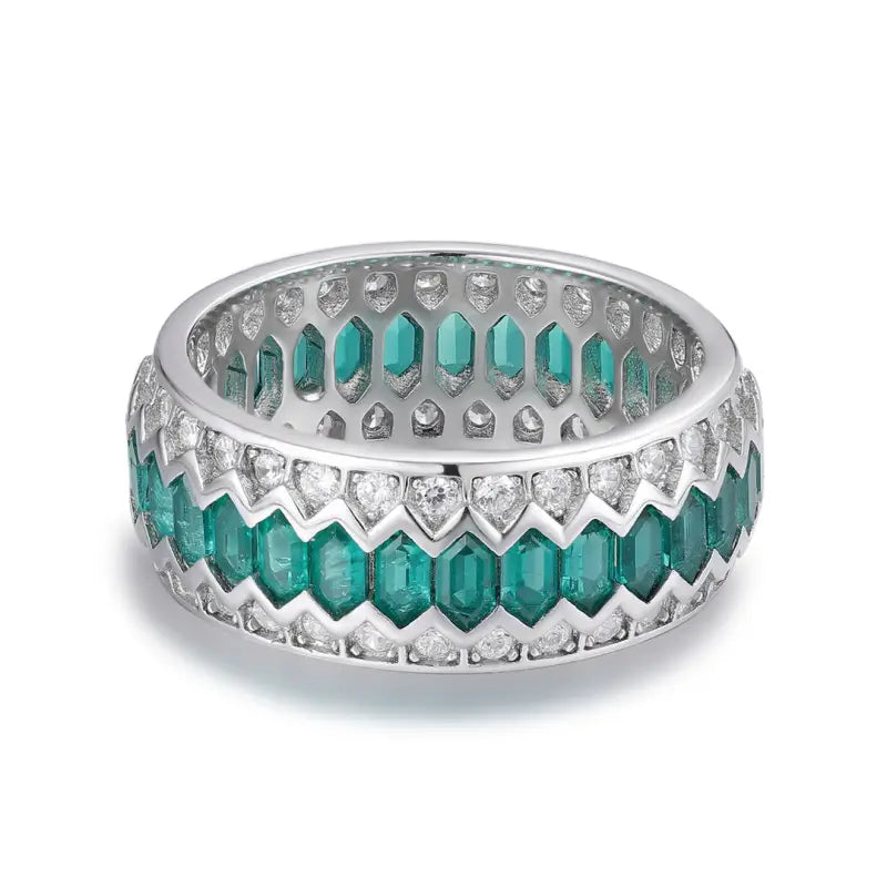 Wave Line Elongated Hexagon Zambia Green Emerald Channel Eternity Band - Wedding Ring