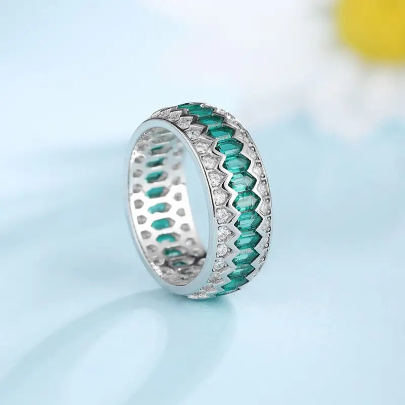 Wave Line Elongated Hexagon Zambia Green Emerald Channel Eternity Band - Wedding Ring