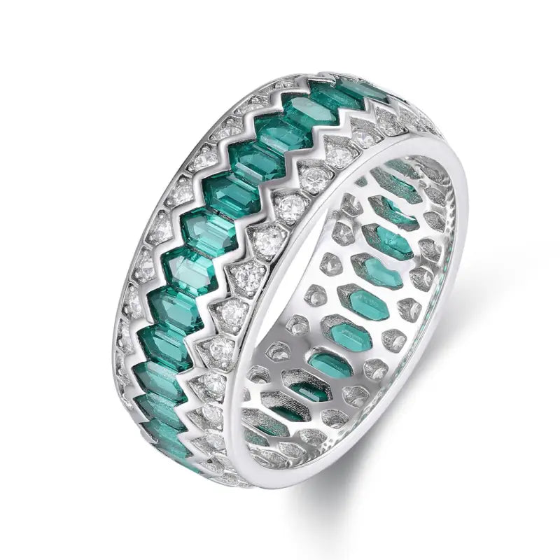 Wave Line Elongated Hexagon Zambia Green Emerald Channel Eternity Band - Wedding Ring